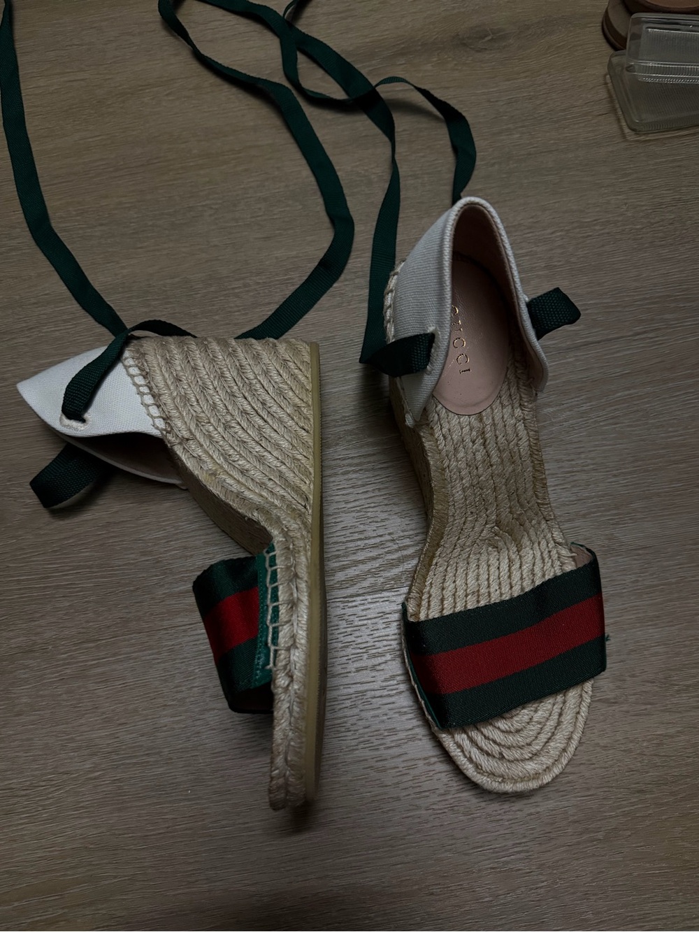 Gucci Cream Espadrille Wedges with Green & Red Stripes